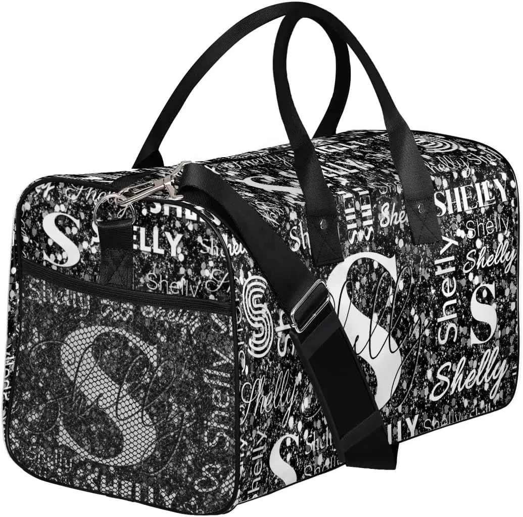 Personalized Initial Sports Duffel Bag with Name Custom Weekender Overnight Bag Foldable Gym Bag Travel Dance Gymnastics Duffel Tote Bag Black Glitter
