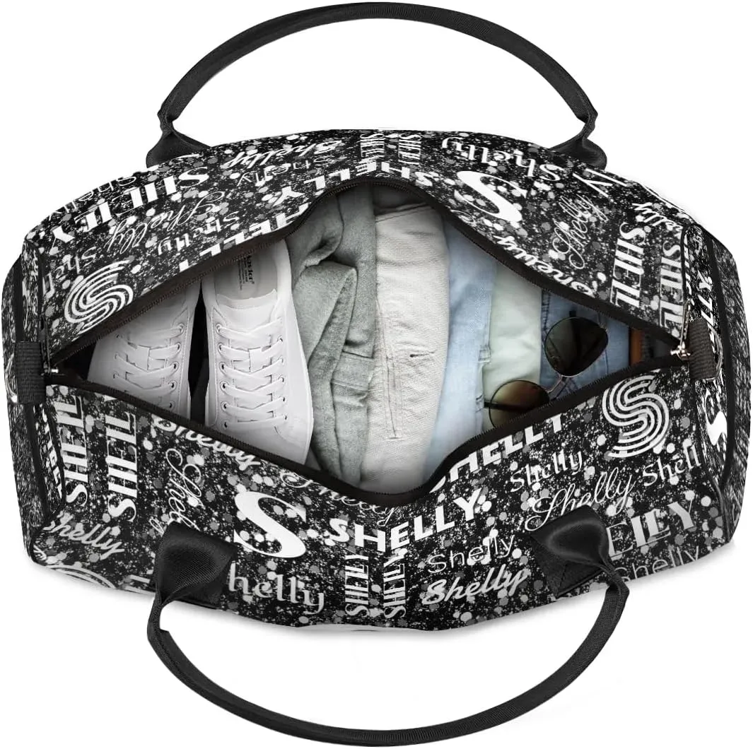Personalized Initial Sports Duffel Bag with Name Custom Weekender Overnight Bag Foldable Gym Bag Travel Dance Gymnastics Duffel Tote Bag Black Glitter