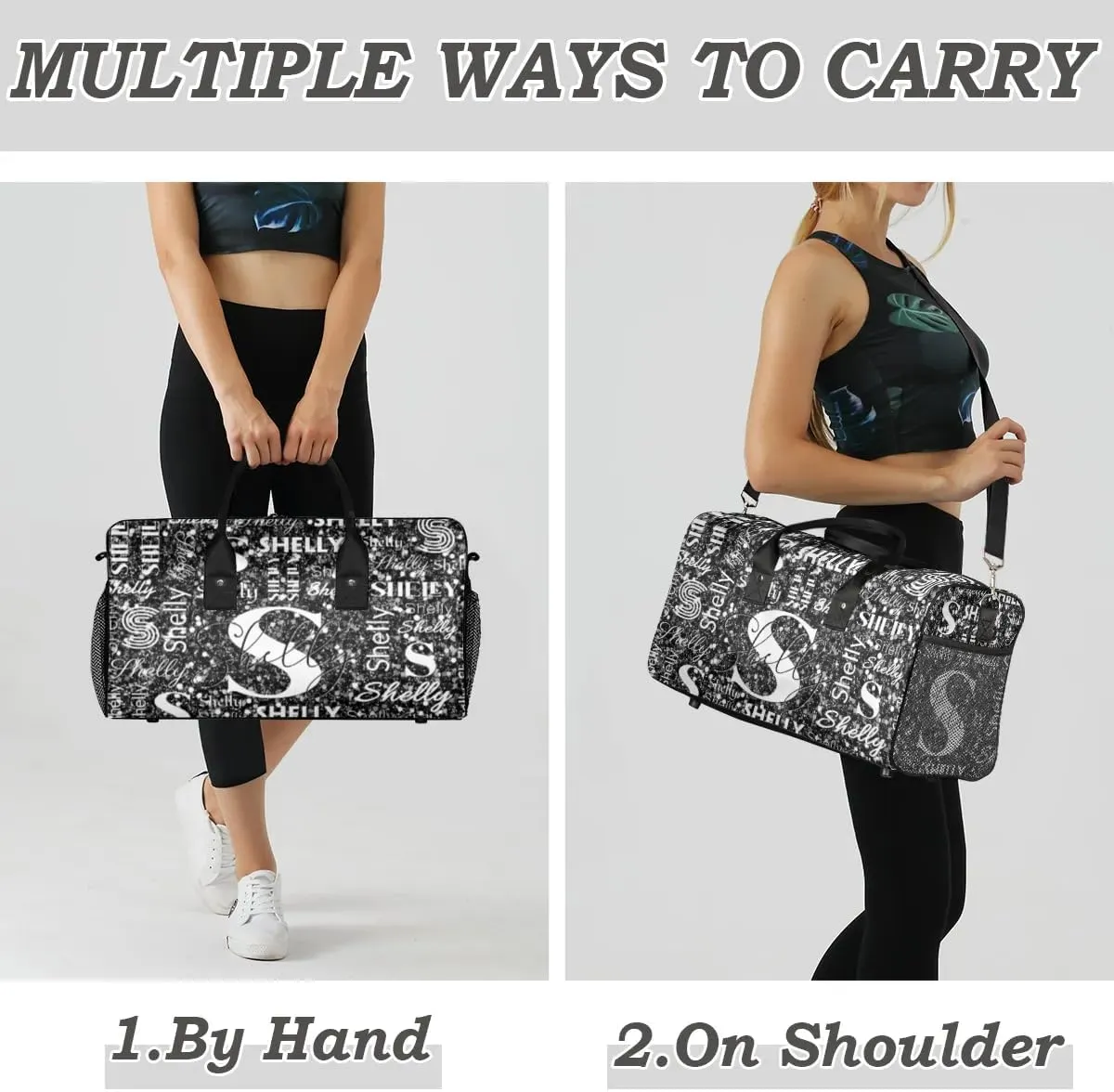 Personalized Initial Sports Duffel Bag with Name Custom Weekender Overnight Bag Foldable Gym Bag Travel Dance Gymnastics Duffel Tote Bag Black Glitter