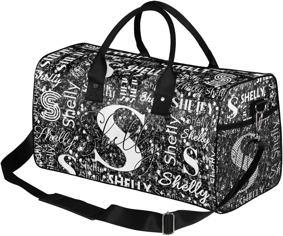Personalized Initial Sports Duffel Bag with Name Custom Weekender Overnight Bag Foldable Gym Bag Travel Dance Gymnastics Duffel Tote Bag Black Glitter