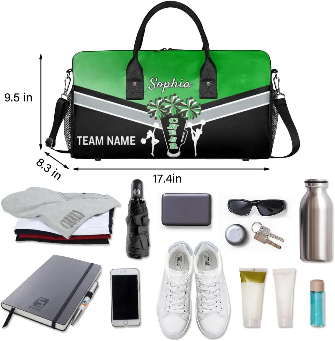 Personalized Name Cheer Bags for Cheerleaders, Custom Travel Duffle Bag, Custom Sports Bag for Women, Cheerleading Overnight Weekender Bag, Grass Green Gradient