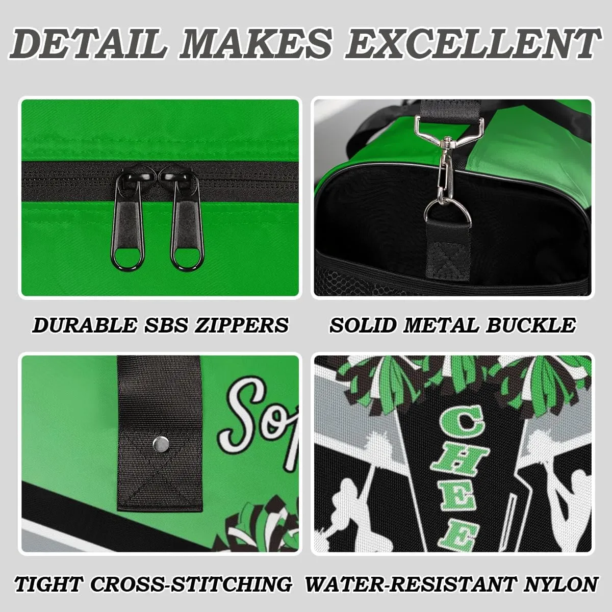 Personalized Name Cheer Bags for Cheerleaders, Custom Travel Duffle Bag, Custom Sports Bag for Women, Cheerleading Overnight Weekender Bag, Grass Green Gradient