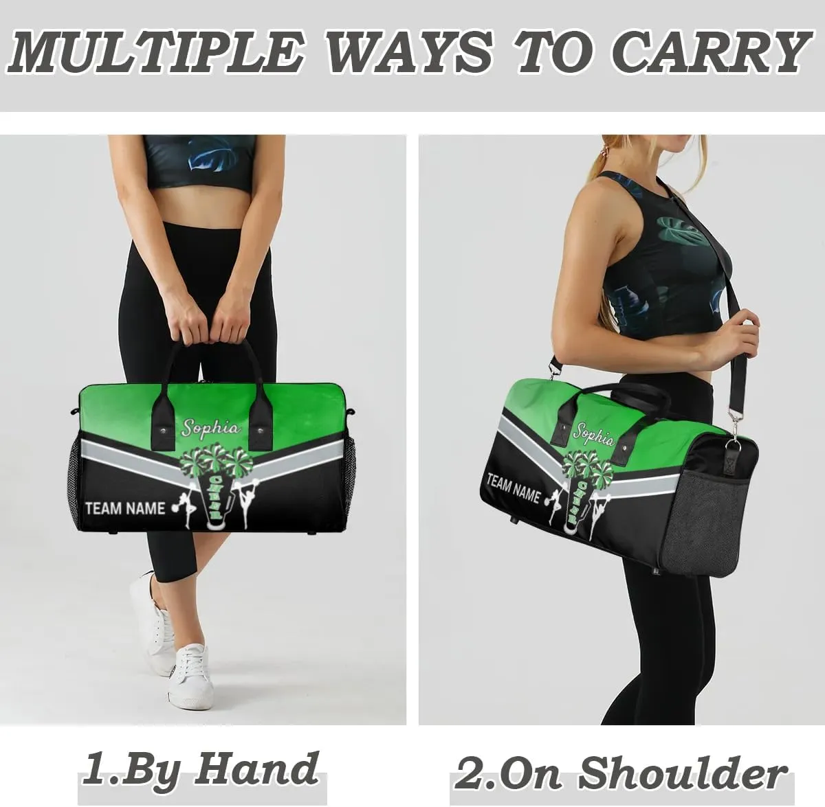Personalized Name Cheer Bags for Cheerleaders, Custom Travel Duffle Bag, Custom Sports Bag for Women, Cheerleading Overnight Weekender Bag, Grass Green Gradient
