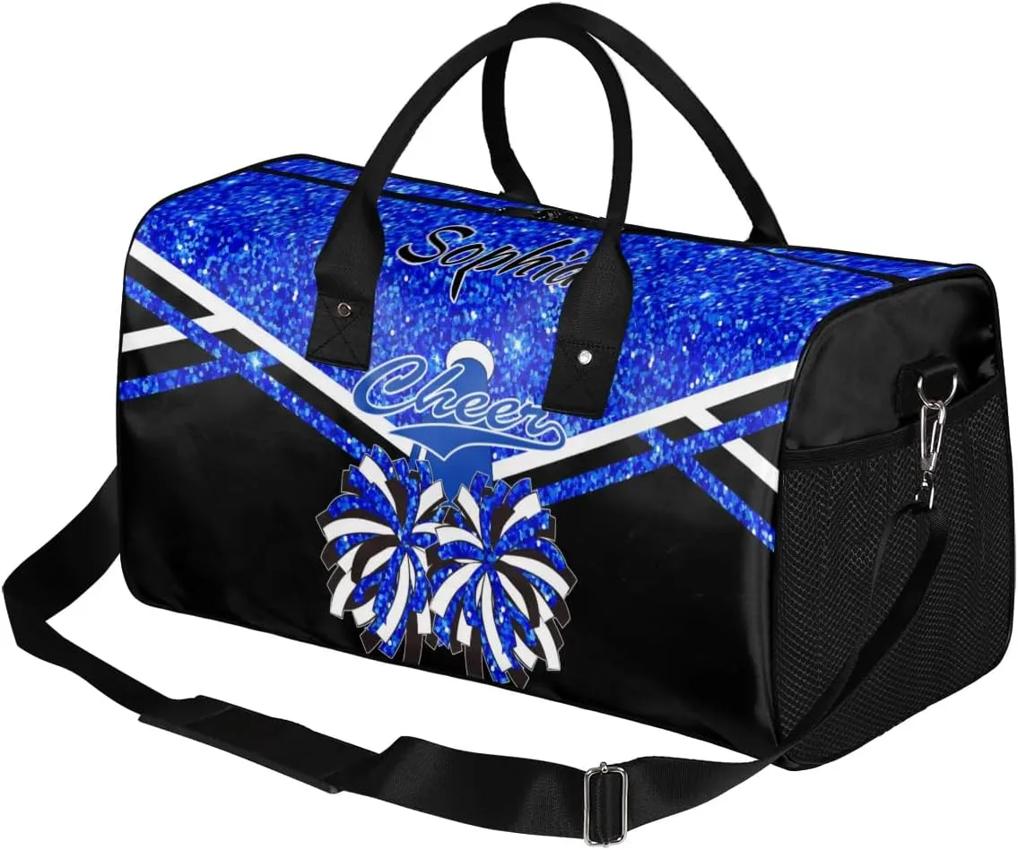 Personalized Name Cheer Duffel Bag for Cheerleaders, Custom Travel Duffle Bag, Custom Sports Bag for Women, Cheerleading Overnight Weekender Bag, Blue Glitter