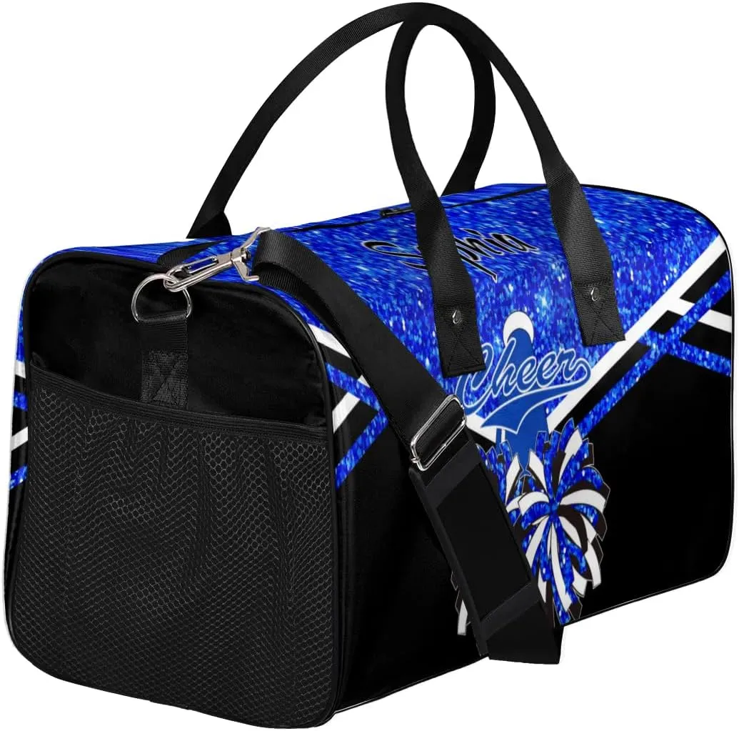 Personalized Name Cheer Duffel Bag for Cheerleaders, Custom Travel Duffle Bag, Custom Sports Bag for Women, Cheerleading Overnight Weekender Bag, Blue Glitter