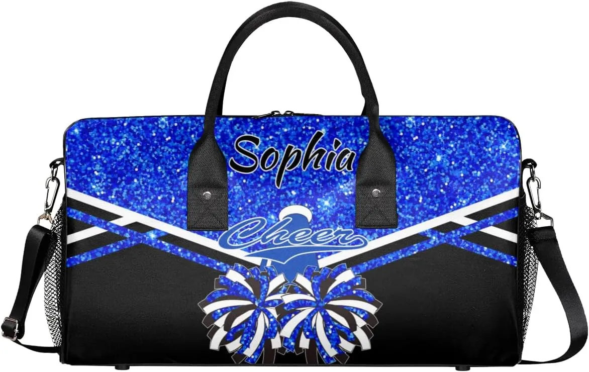 Personalized Name Cheer Duffel Bag for Cheerleaders, Custom Travel Duffle Bag, Custom Sports Bag for Women, Cheerleading Overnight Weekender Bag, Blue Glitter