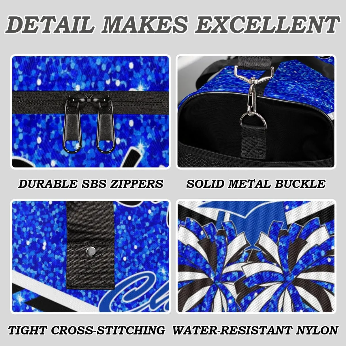 Personalized Name Cheer Duffel Bag for Cheerleaders, Custom Travel Duffle Bag, Custom Sports Bag for Women, Cheerleading Overnight Weekender Bag, Blue Glitter