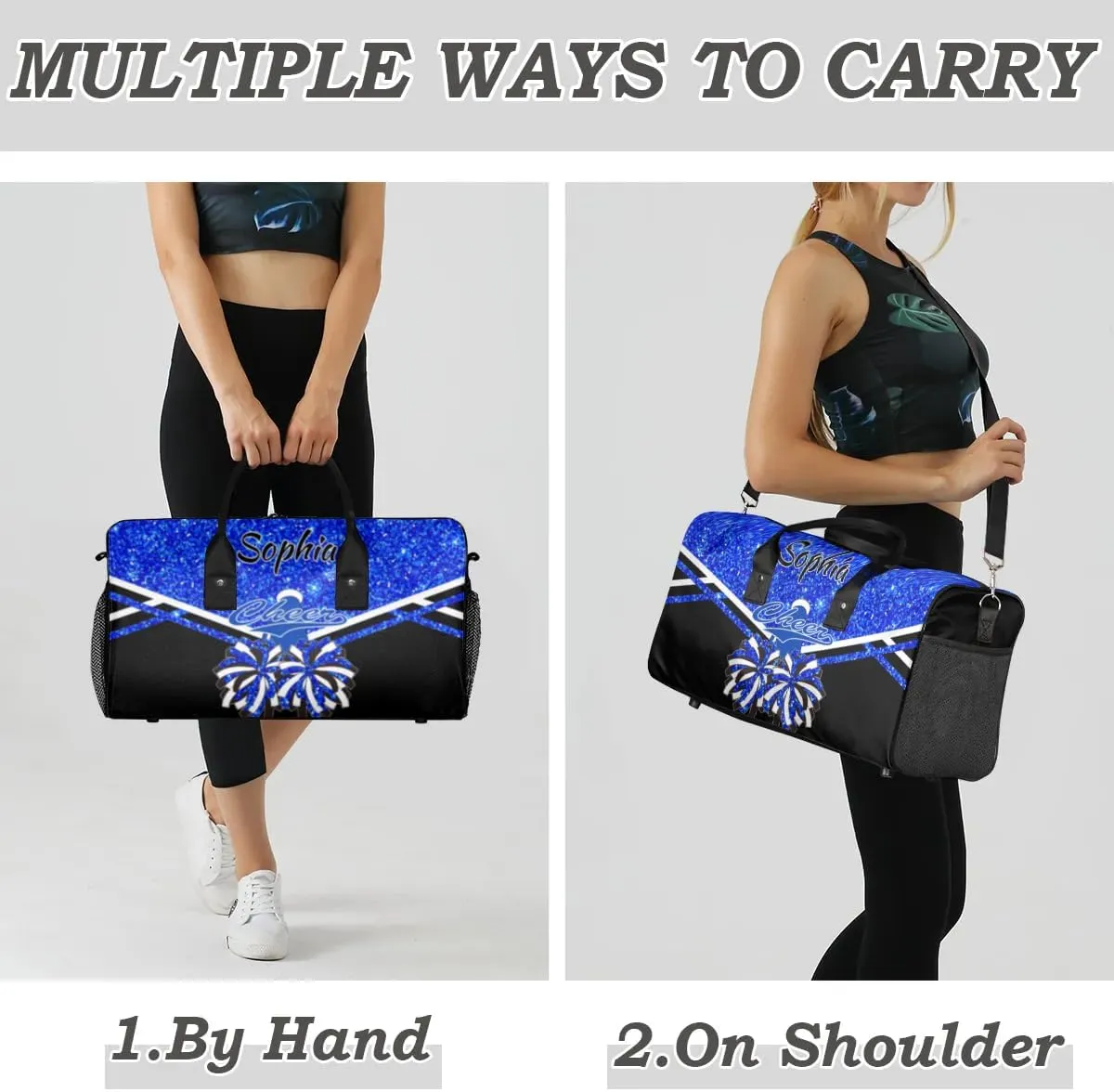 Personalized Name Cheer Duffel Bag for Cheerleaders, Custom Travel Duffle Bag, Custom Sports Bag for Women, Cheerleading Overnight Weekender Bag, Blue Glitter