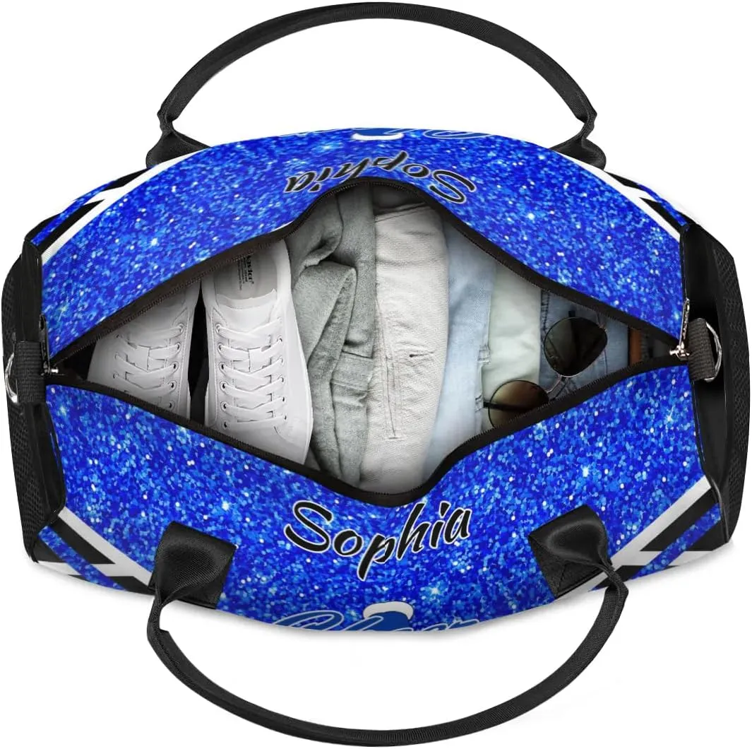 Personalized Name Cheer Duffel Bag for Cheerleaders, Custom Travel Duffle Bag, Custom Sports Bag for Women, Cheerleading Overnight Weekender Bag, Blue Glitter