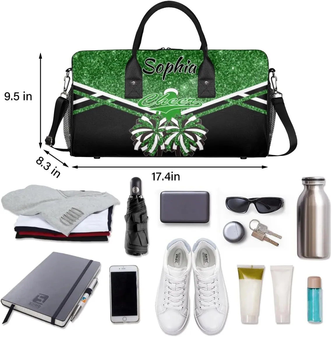 Personalized Name Cheer Duffel Bag for Cheerleaders, Custom Travel Duffle Bag, Custom Sports Bag for Women, Cheerleading Overnight Weekender Bag, Dark Green Glitter