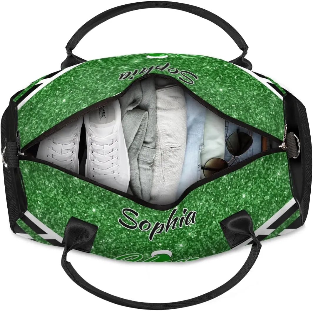 Personalized Name Cheer Duffel Bag for Cheerleaders, Custom Travel Duffle Bag, Custom Sports Bag for Women, Cheerleading Overnight Weekender Bag, Dark Green Glitter