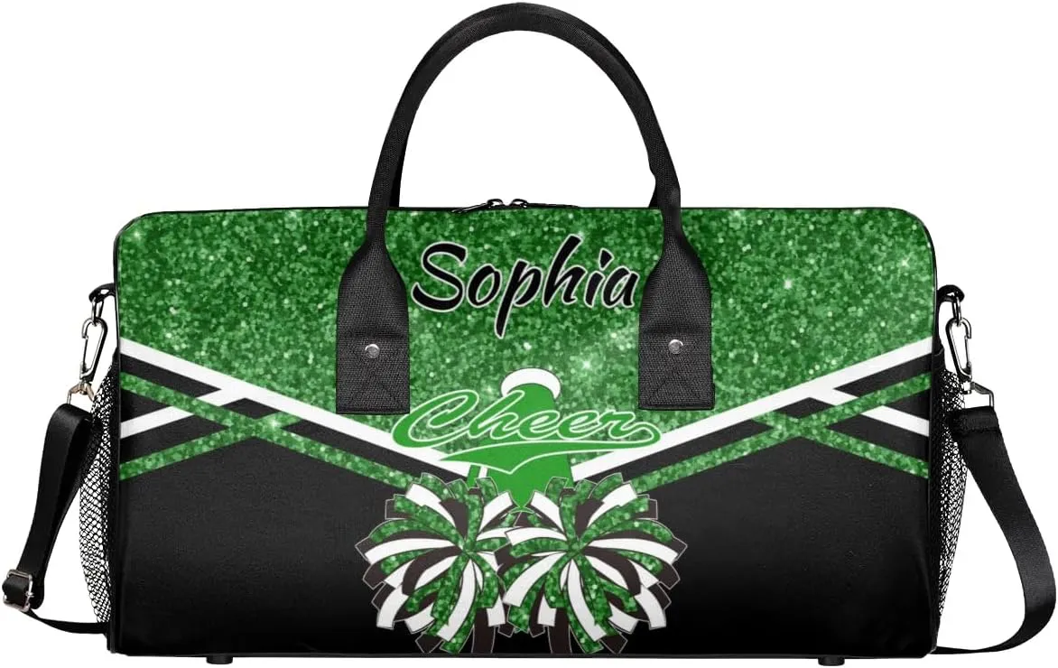 Personalized Name Cheer Duffel Bag for Cheerleaders, Custom Travel Duffle Bag, Custom Sports Bag for Women, Cheerleading Overnight Weekender Bag, Dark Green Glitter