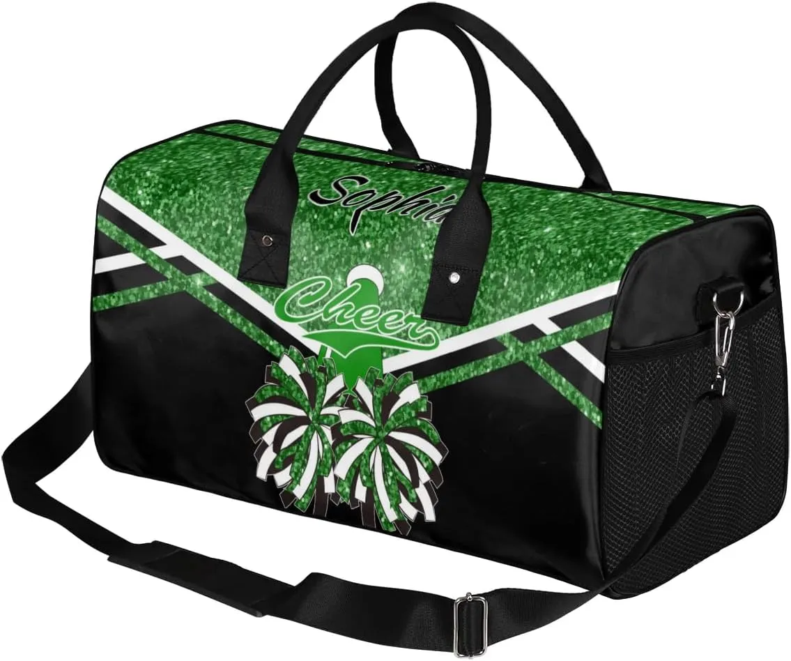 Personalized Name Cheer Duffel Bag for Cheerleaders, Custom Travel Duffle Bag, Custom Sports Bag for Women, Cheerleading Overnight Weekender Bag, Dark Green Glitter