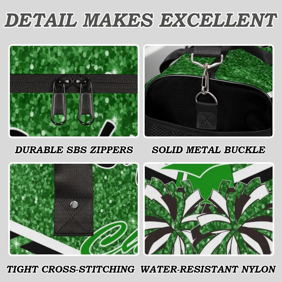 Personalized Name Cheer Duffel Bag for Cheerleaders, Custom Travel Duffle Bag, Custom Sports Bag for Women, Cheerleading Overnight Weekender Bag, Dark Green Glitter