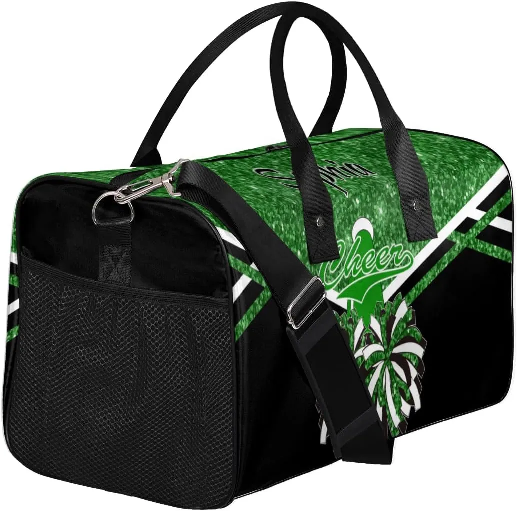 Personalized Name Cheer Duffel Bag for Cheerleaders, Custom Travel Duffle Bag, Custom Sports Bag for Women, Cheerleading Overnight Weekender Bag, Dark Green Glitter
