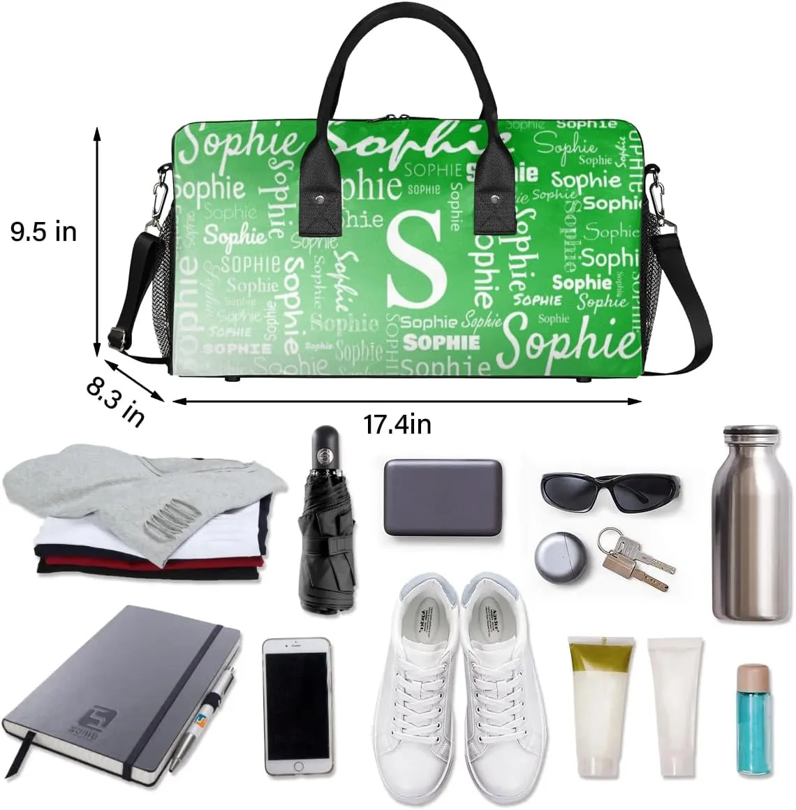 Personalized Name Sport Duffel Bag with Initial, Custom Gym Bag Dance Duffel Bag for Women, Monogrammed Gifts Customized Overnight Weekender Bag, Grass Green Gradient