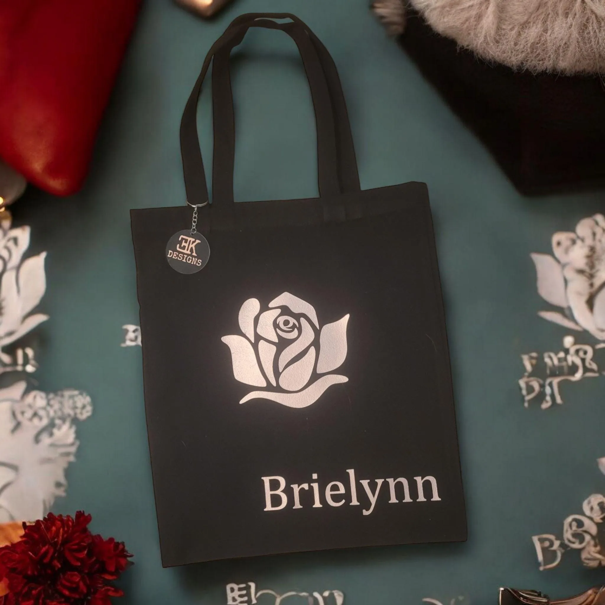 Personalized Rose Tote Bag | Custom Name Tote | Rose Flower Design | Custom Name Bag for Kids or Adults