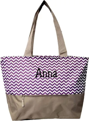 Personalized with Name XL Beach Tote Chevron Print Weekender Bag with Outer Zippered Pocket