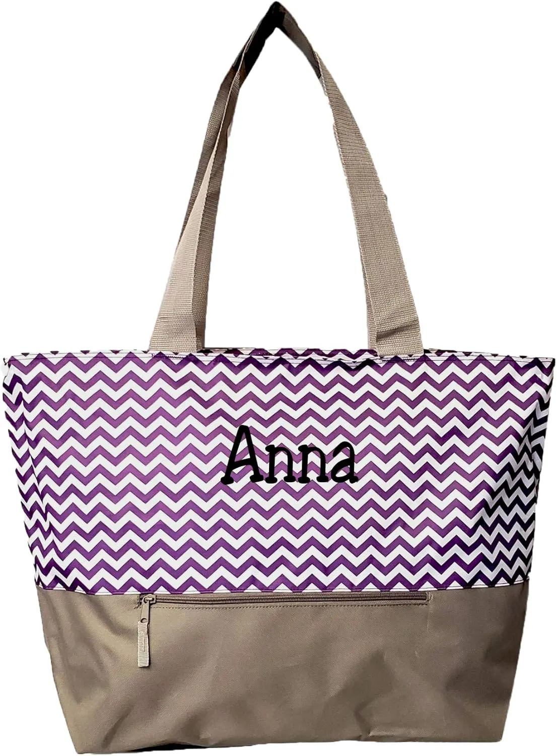 Personalized with Name XL Beach Tote Chevron Print Weekender Bag with Outer Zippered Pocket