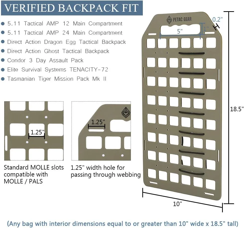 PETAC GEAR Rigid Insert MOLLE Panel Portable Gear Organizer with Carry Handle Backpack Bag Tactical Equipment Storage Pouches Holsters Holder Gun Rack Mount