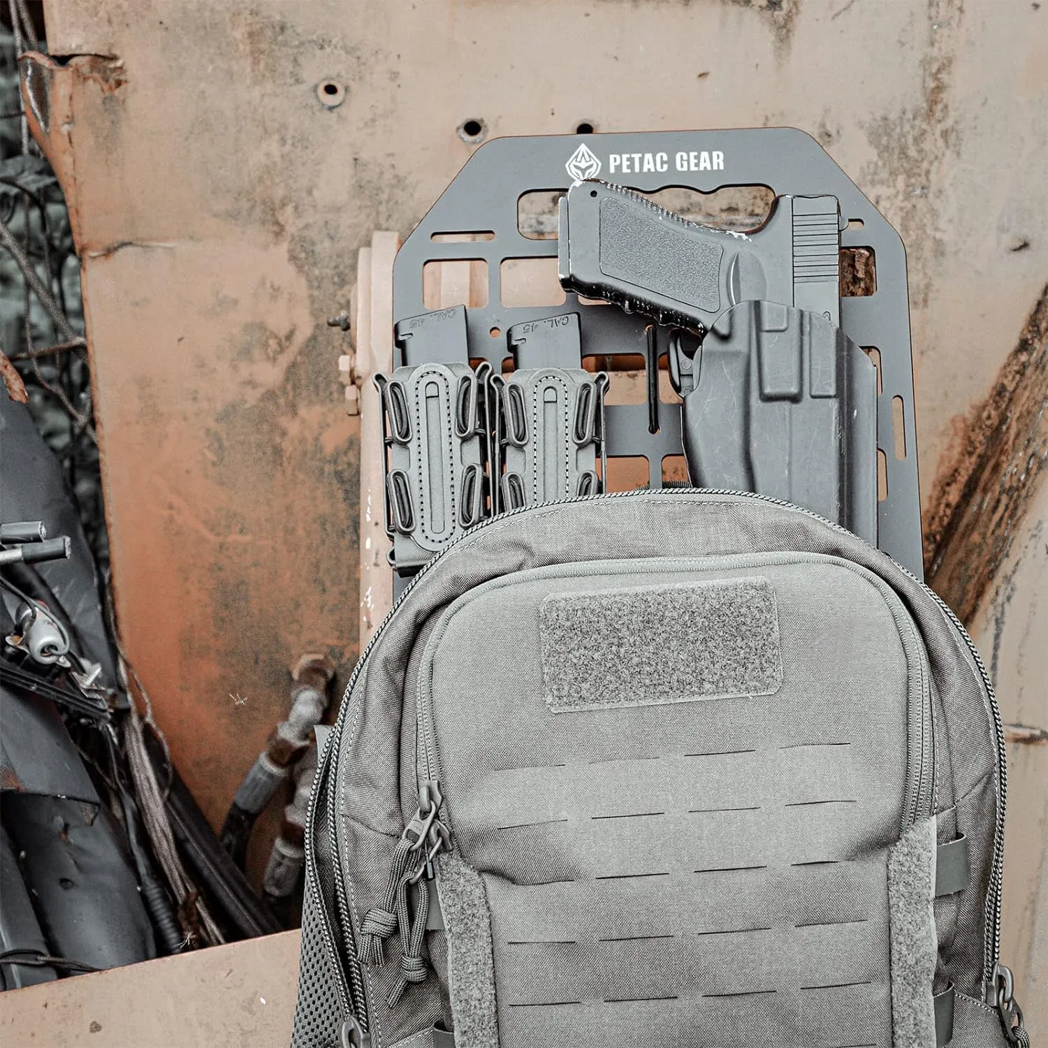 PETAC GEAR Rigid Insert MOLLE Panel Portable Gear Organizer with Carry Handle Backpack Bag Tactical Equipment Storage Pouches Holsters Holder Gun Rack Mount