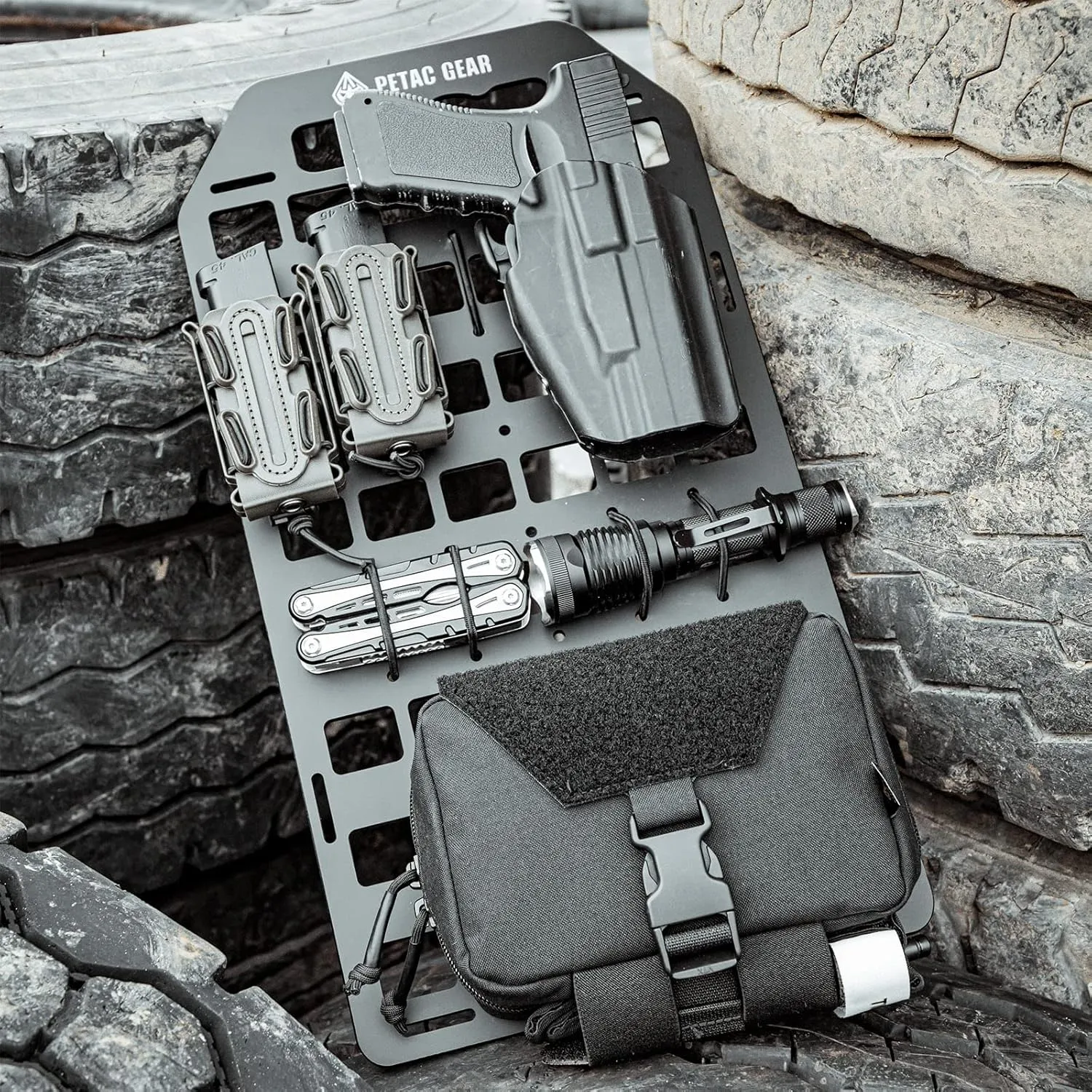 PETAC GEAR Rigid Insert MOLLE Panel Portable Gear Organizer with Carry Handle Backpack Bag Tactical Equipment Storage Pouches Holsters Holder Gun Rack Mount