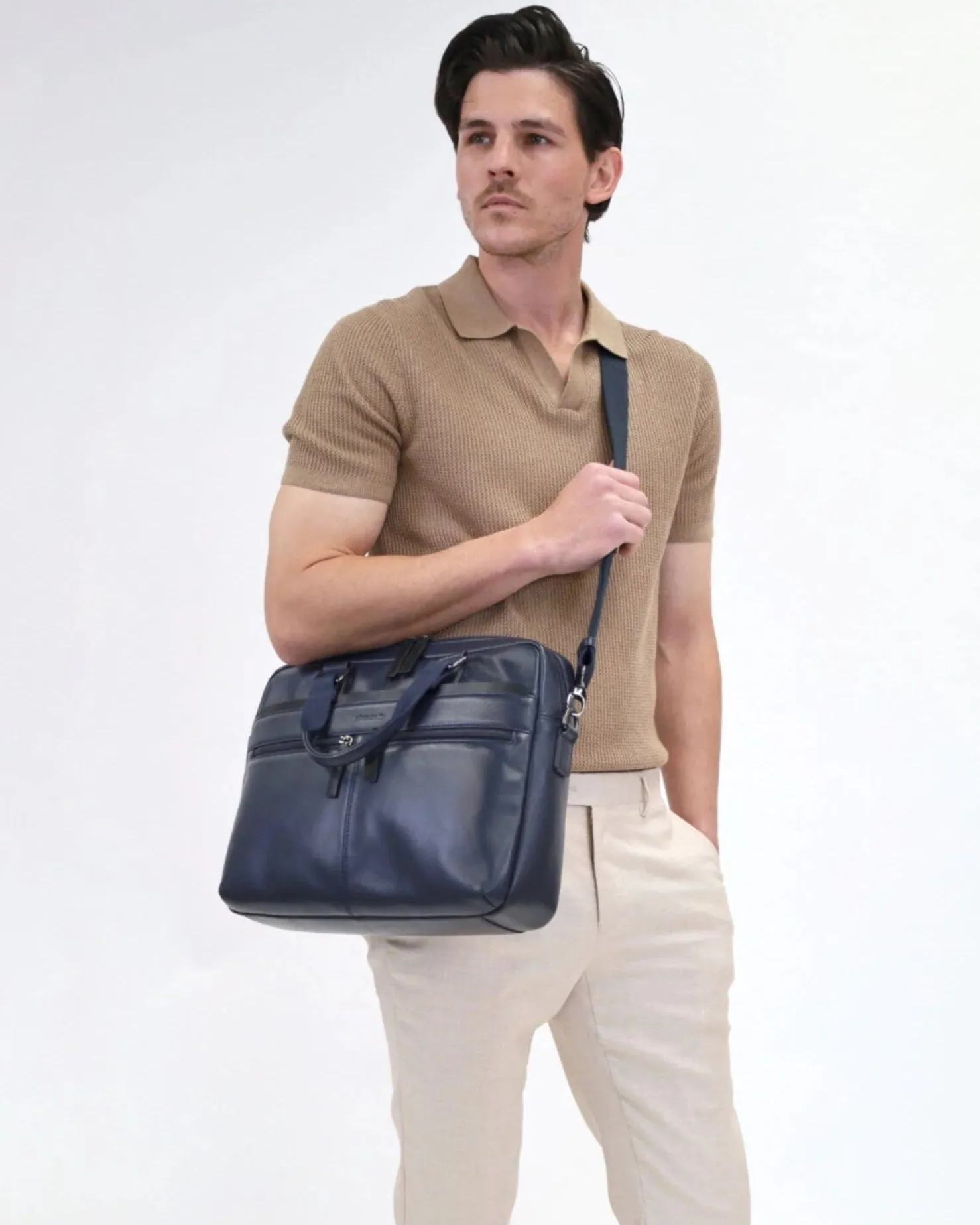 Pierre Cardin Leather Laptop Briefcase 3824 Navy / Black trim