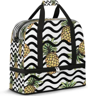 Pineapples Print Stripes Sports Gym Bag with Shoes Compartment Foldable Travel Duffel Bag Dry Wet Separated Sports Tote Workout Weekender Overnight Bag for Women Yoga Dance Work Training Handbag