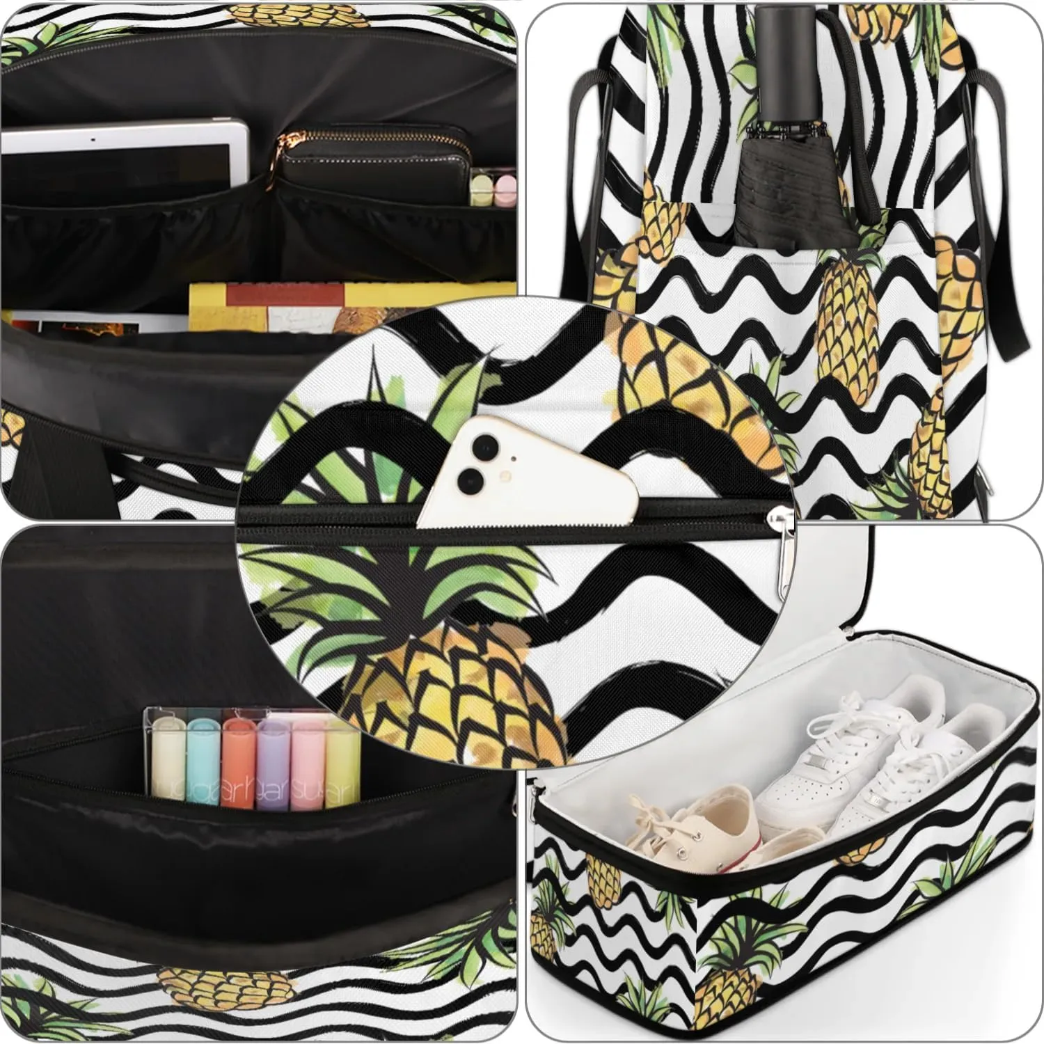 Pineapples Print Stripes Sports Gym Bag with Shoes Compartment Foldable Travel Duffel Bag Dry Wet Separated Sports Tote Workout Weekender Overnight Bag for Women Yoga Dance Work Training Handbag