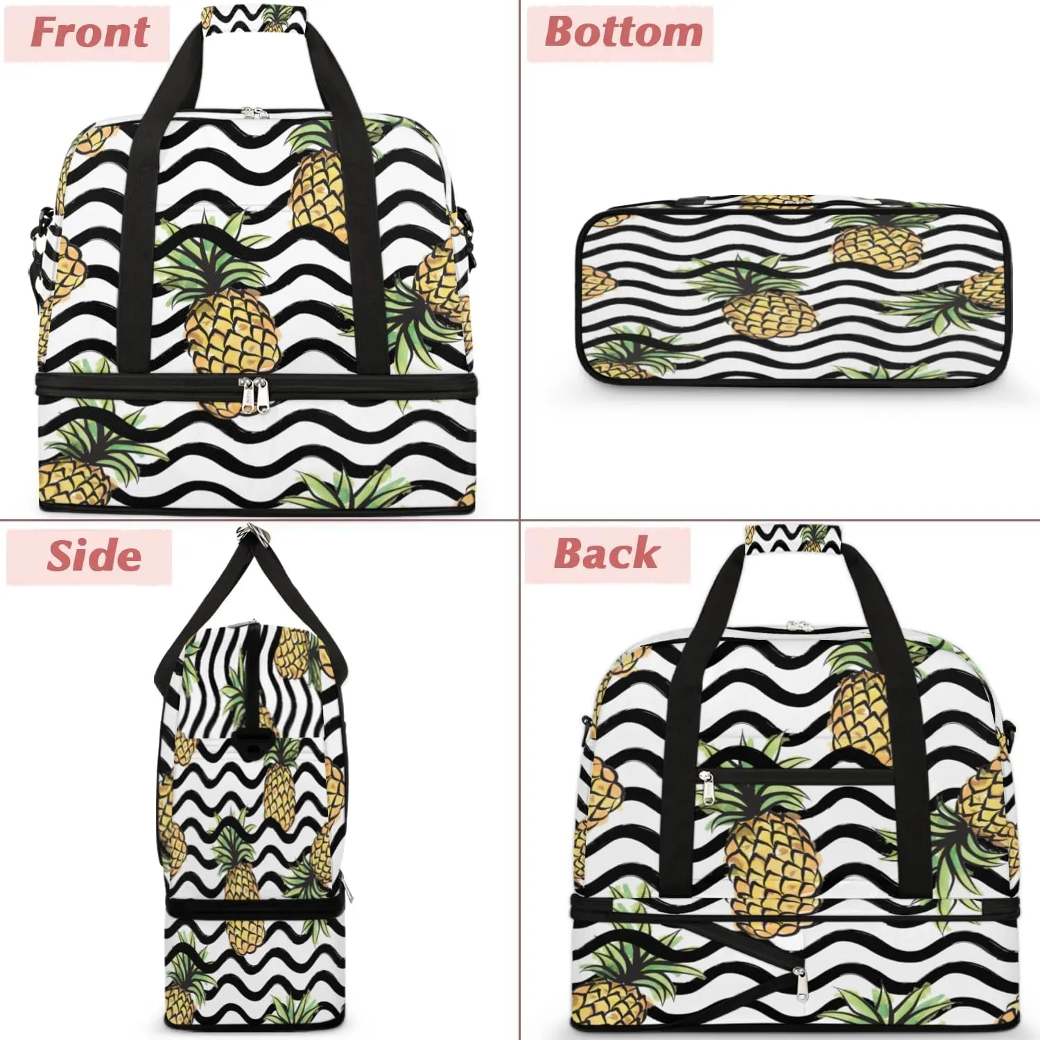 Pineapples Print Stripes Sports Gym Bag with Shoes Compartment Foldable Travel Duffel Bag Dry Wet Separated Sports Tote Workout Weekender Overnight Bag for Women Yoga Dance Work Training Handbag
