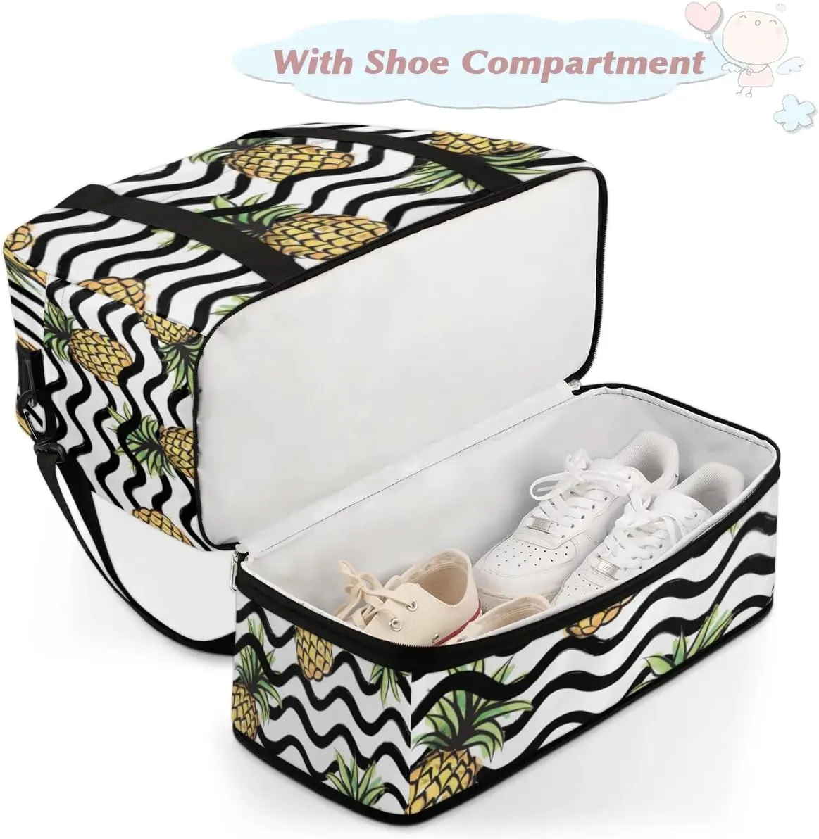 Pineapples Print Stripes Sports Gym Bag with Shoes Compartment Foldable Travel Duffel Bag Dry Wet Separated Sports Tote Workout Weekender Overnight Bag for Women Yoga Dance Work Training Handbag