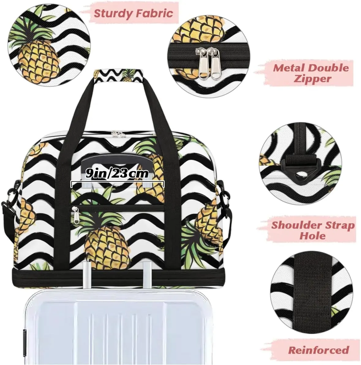 Pineapples Print Stripes Sports Gym Bag with Shoes Compartment Foldable Travel Duffel Bag Dry Wet Separated Sports Tote Workout Weekender Overnight Bag for Women Yoga Dance Work Training Handbag