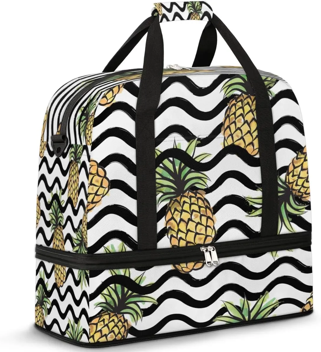 Pineapples Print Stripes Sports Gym Bag with Shoes Compartment Foldable Travel Duffel Bag Dry Wet Separated Sports Tote Workout Weekender Overnight Bag for Women Yoga Dance Work Training Handbag