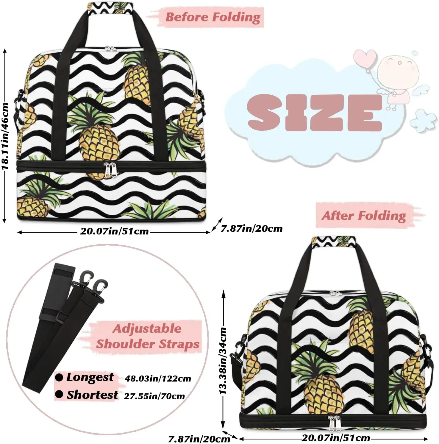 Pineapples Print Stripes Sports Gym Bag with Shoes Compartment Foldable Travel Duffel Bag Dry Wet Separated Sports Tote Workout Weekender Overnight Bag for Women Yoga Dance Work Training Handbag
