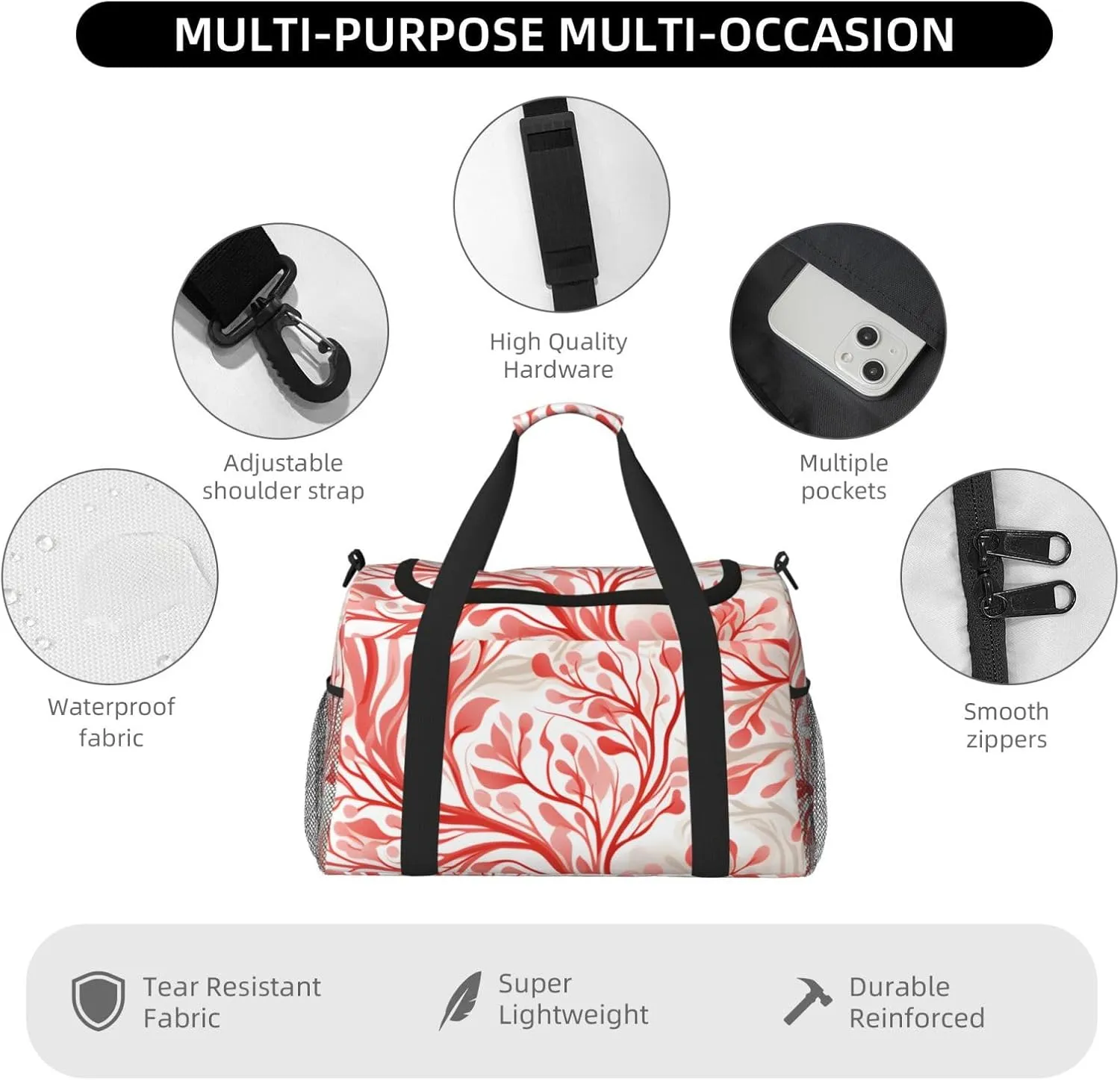 Pink Boho Leaves Duffle Bag Foldable Travel Tote Bag Carry On Large Weekender Overnight Bags Waterproof Gym Bag For Women Men