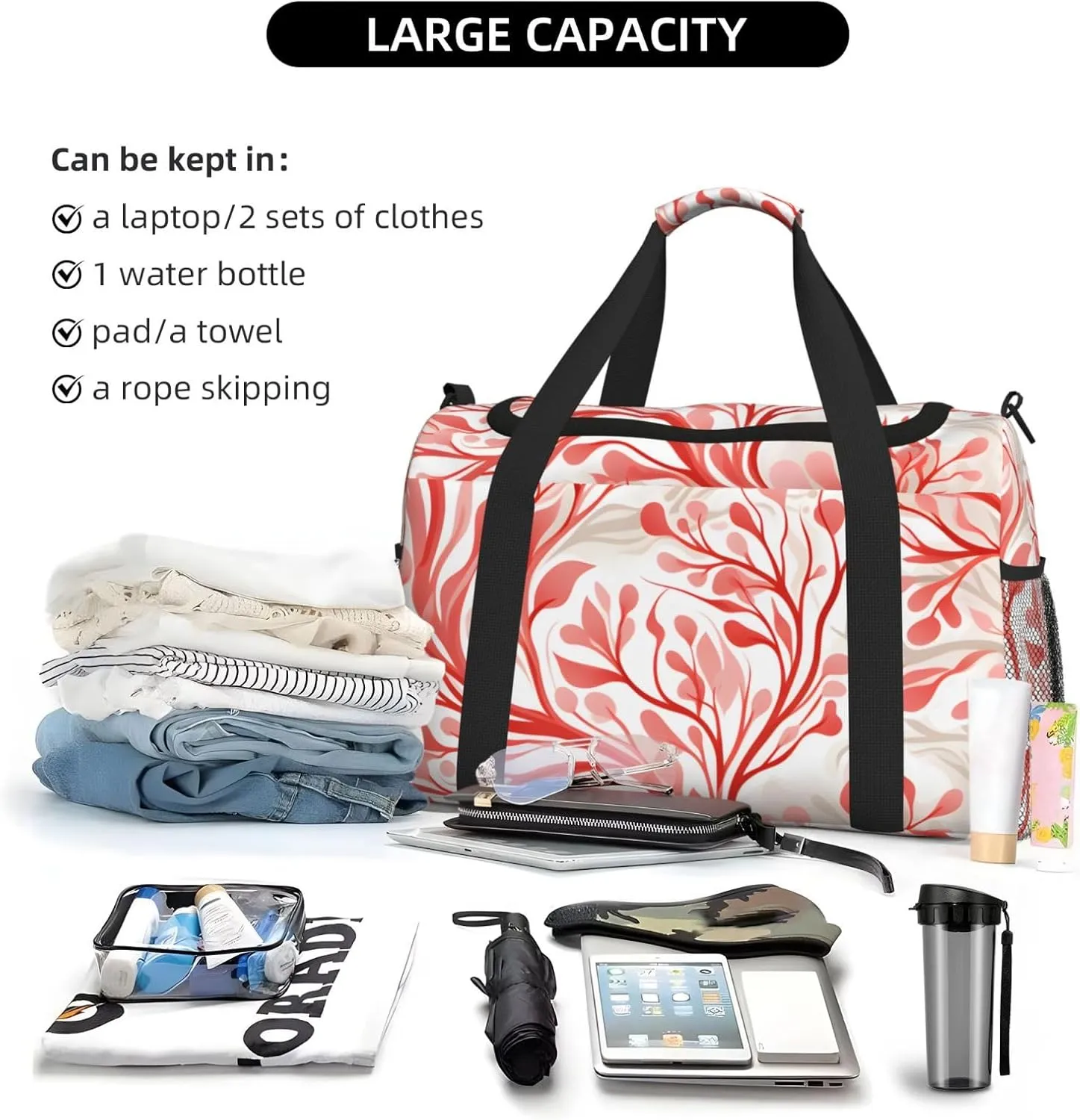 Pink Boho Leaves Duffle Bag Foldable Travel Tote Bag Carry On Large Weekender Overnight Bags Waterproof Gym Bag For Women Men
