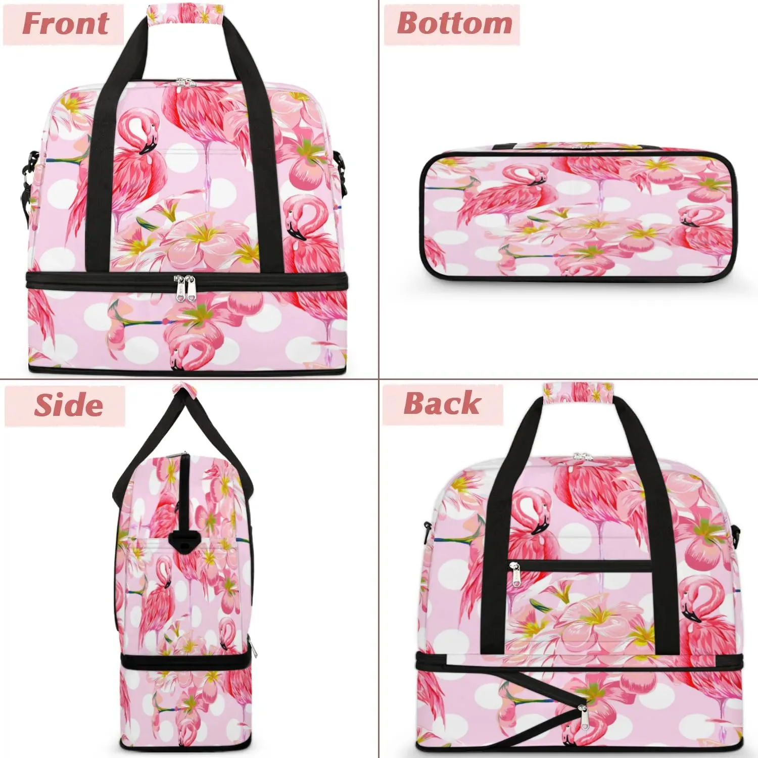 Pink Flamingo Sports Gym Bag with Shoes Compartment Foldable Travel Duffel Bag Dry Wet Separated Sports Tote Workout Weekender Overnight Bag for Women Yoga Dance Work Training Handbag
