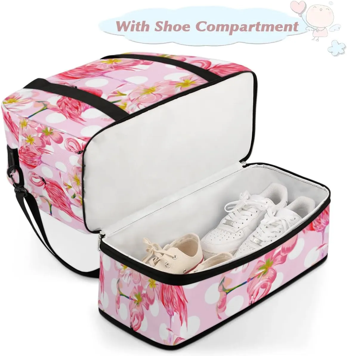 Pink Flamingo Sports Gym Bag with Shoes Compartment Foldable Travel Duffel Bag Dry Wet Separated Sports Tote Workout Weekender Overnight Bag for Women Yoga Dance Work Training Handbag