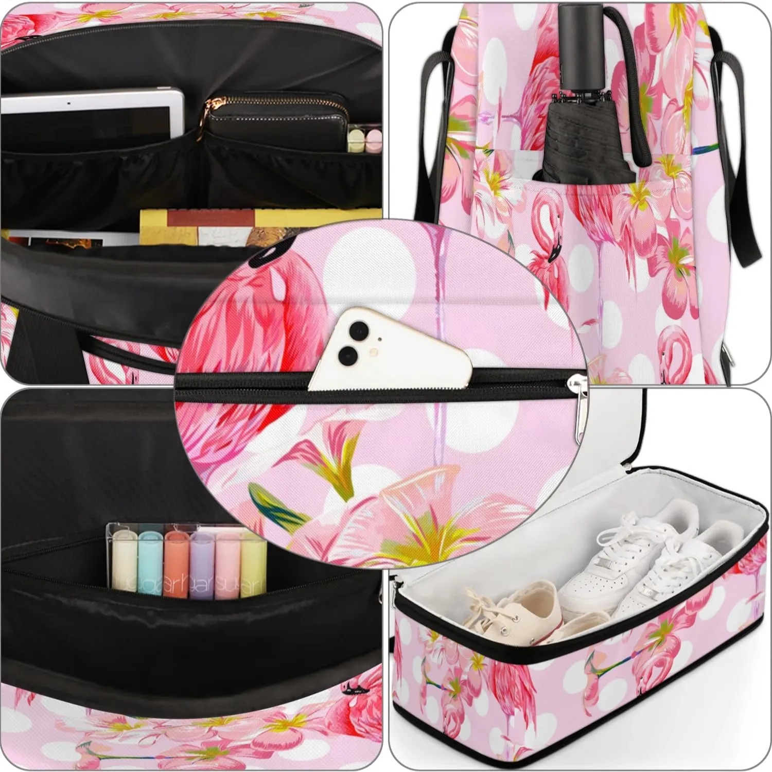 Pink Flamingo Sports Gym Bag with Shoes Compartment Foldable Travel Duffel Bag Dry Wet Separated Sports Tote Workout Weekender Overnight Bag for Women Yoga Dance Work Training Handbag
