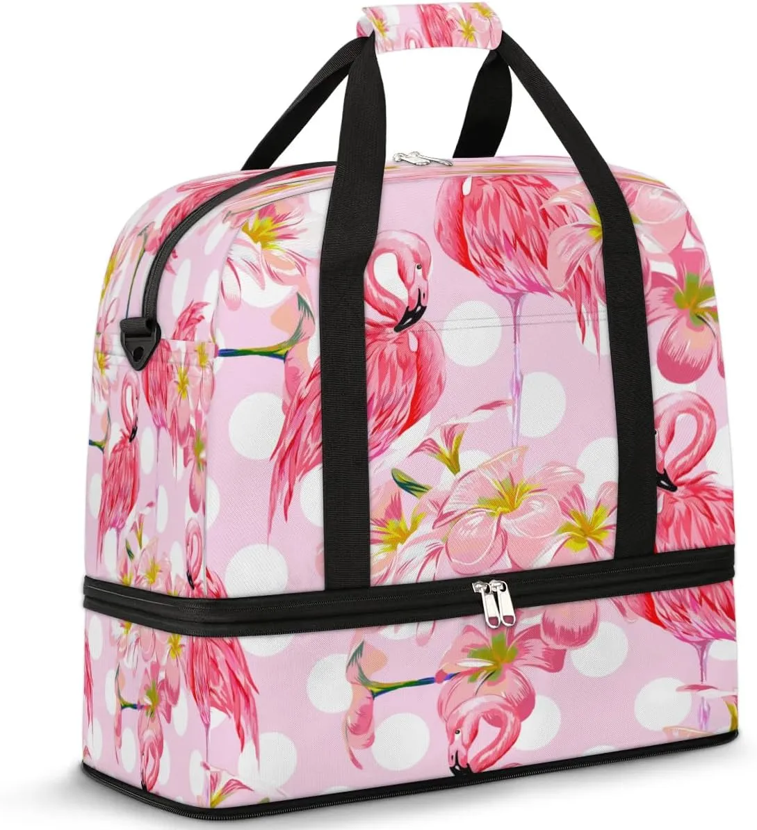 Pink Flamingo Sports Gym Bag with Shoes Compartment Foldable Travel Duffel Bag Dry Wet Separated Sports Tote Workout Weekender Overnight Bag for Women Yoga Dance Work Training Handbag