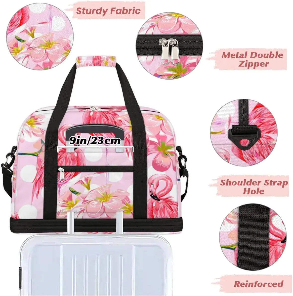 Pink Flamingo Sports Gym Bag with Shoes Compartment Foldable Travel Duffel Bag Dry Wet Separated Sports Tote Workout Weekender Overnight Bag for Women Yoga Dance Work Training Handbag
