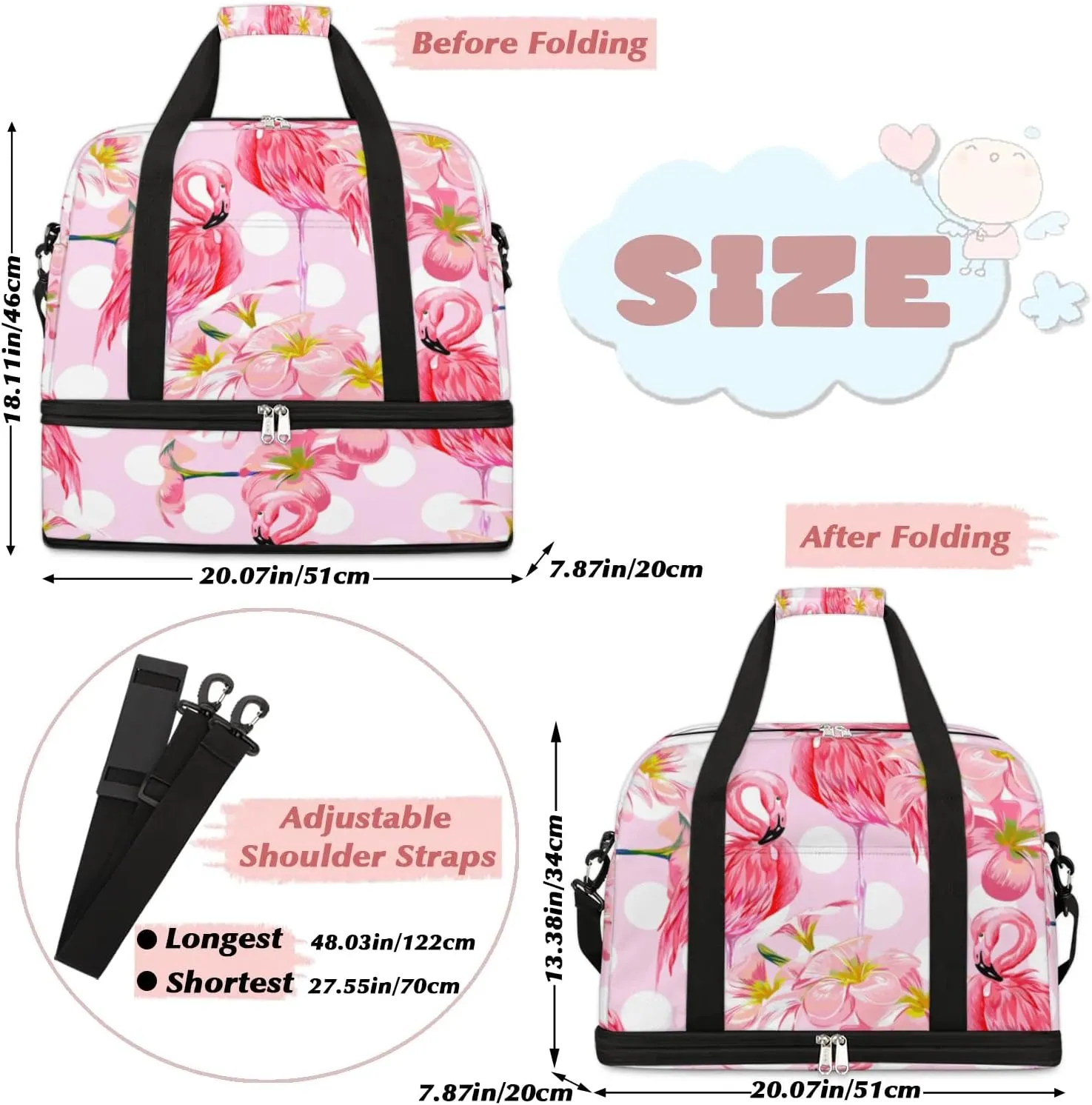 Pink Flamingo Sports Gym Bag with Shoes Compartment Foldable Travel Duffel Bag Dry Wet Separated Sports Tote Workout Weekender Overnight Bag for Women Yoga Dance Work Training Handbag