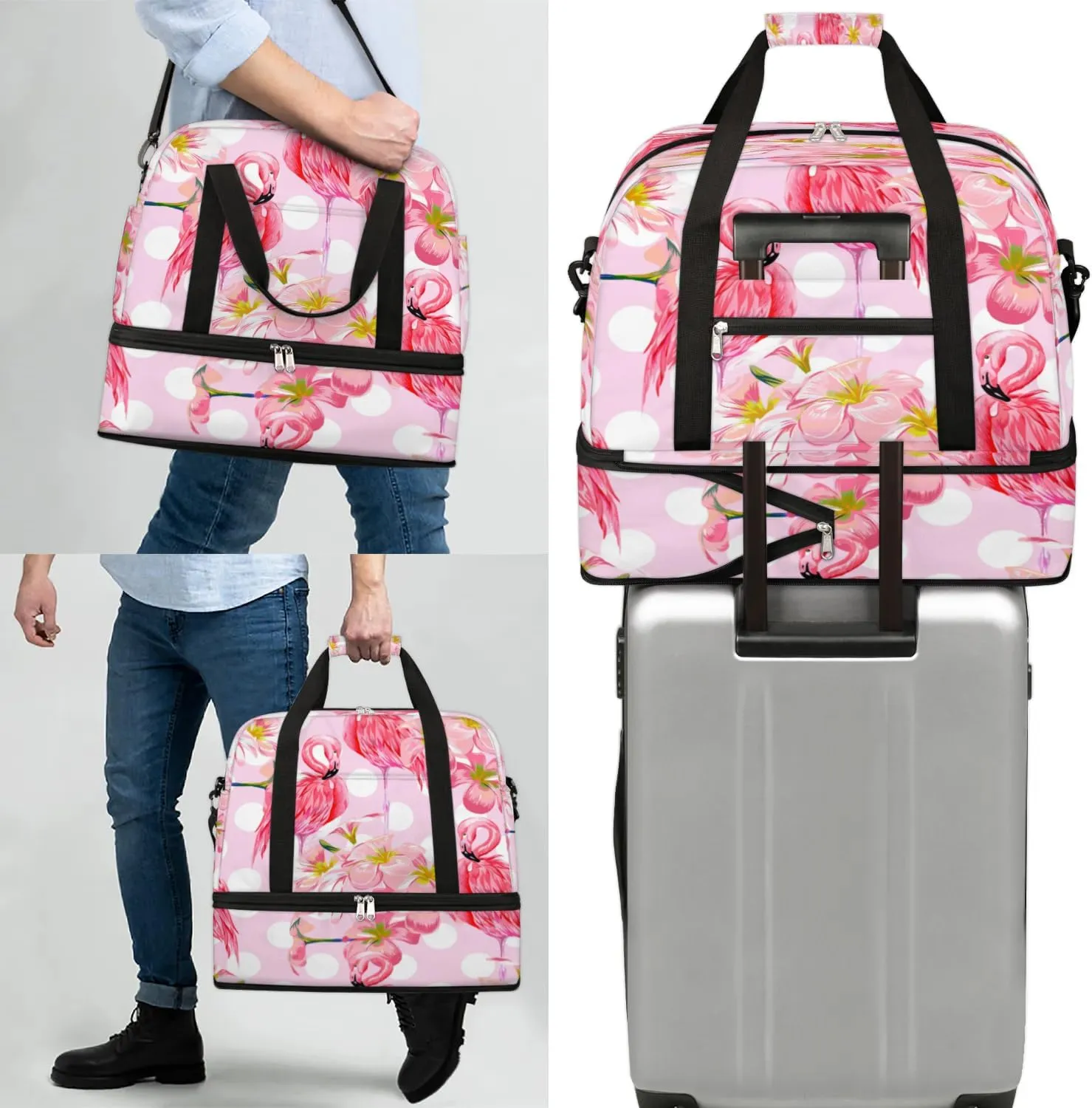 Pink Flamingo Sports Gym Bag with Shoes Compartment Foldable Travel Duffel Bag Dry Wet Separated Sports Tote Workout Weekender Overnight Bag for Women Yoga Dance Work Training Handbag