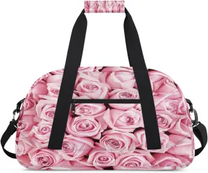 Pink Roses Gym Duffel Bag for Men Women Rose Sports Tote Bag with Adjustable Shoulder Strap for Dance Gymnastics Traveling Outdoor Camping Overnight Stay