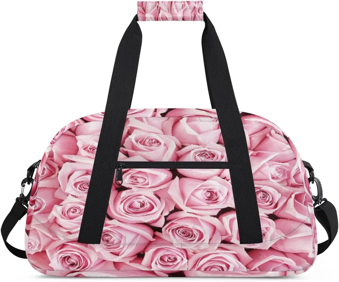 Pink Roses Gym Duffel Bag for Men Women Rose Sports Tote Bag with Adjustable Shoulder Strap for Dance Gymnastics Traveling Outdoor Camping Overnight Stay