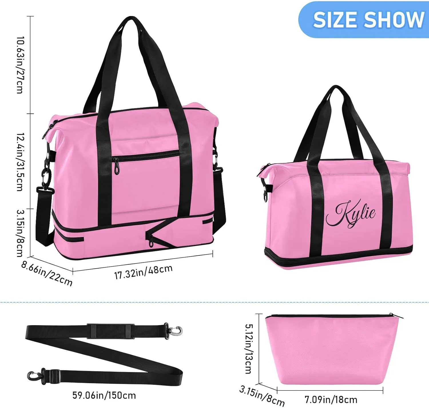 Pink Solid Color Custom Gym Bag for Women Men Personalized Duffel Bag with Shoe Compartment Weekender Bags Carry On Bag Overnight Bag for Travel Gym Women School Business Men Sport