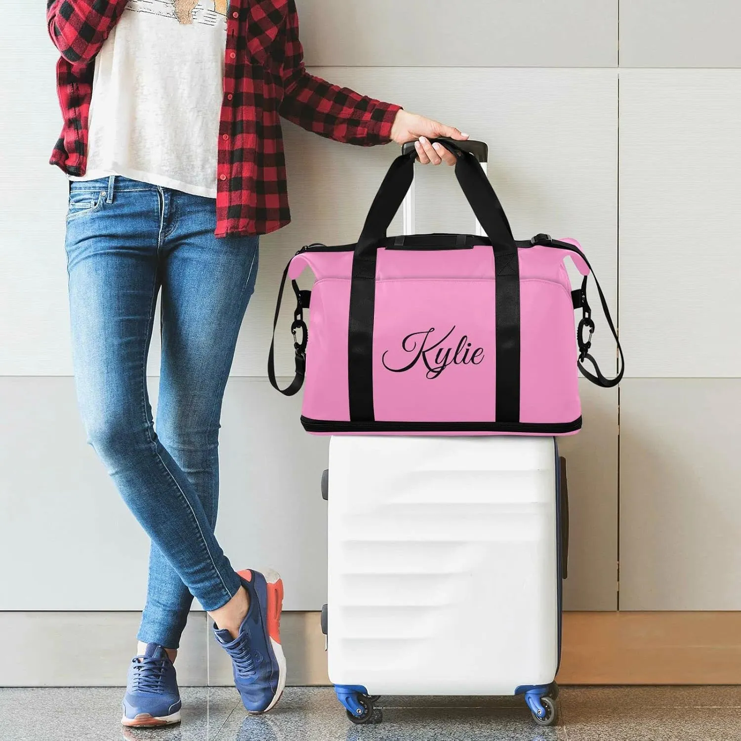 Pink Solid Color Custom Gym Bag for Women Men Personalized Duffel Bag with Shoe Compartment Weekender Bags Carry On Bag Overnight Bag for Travel Gym Women School Business Men Sport