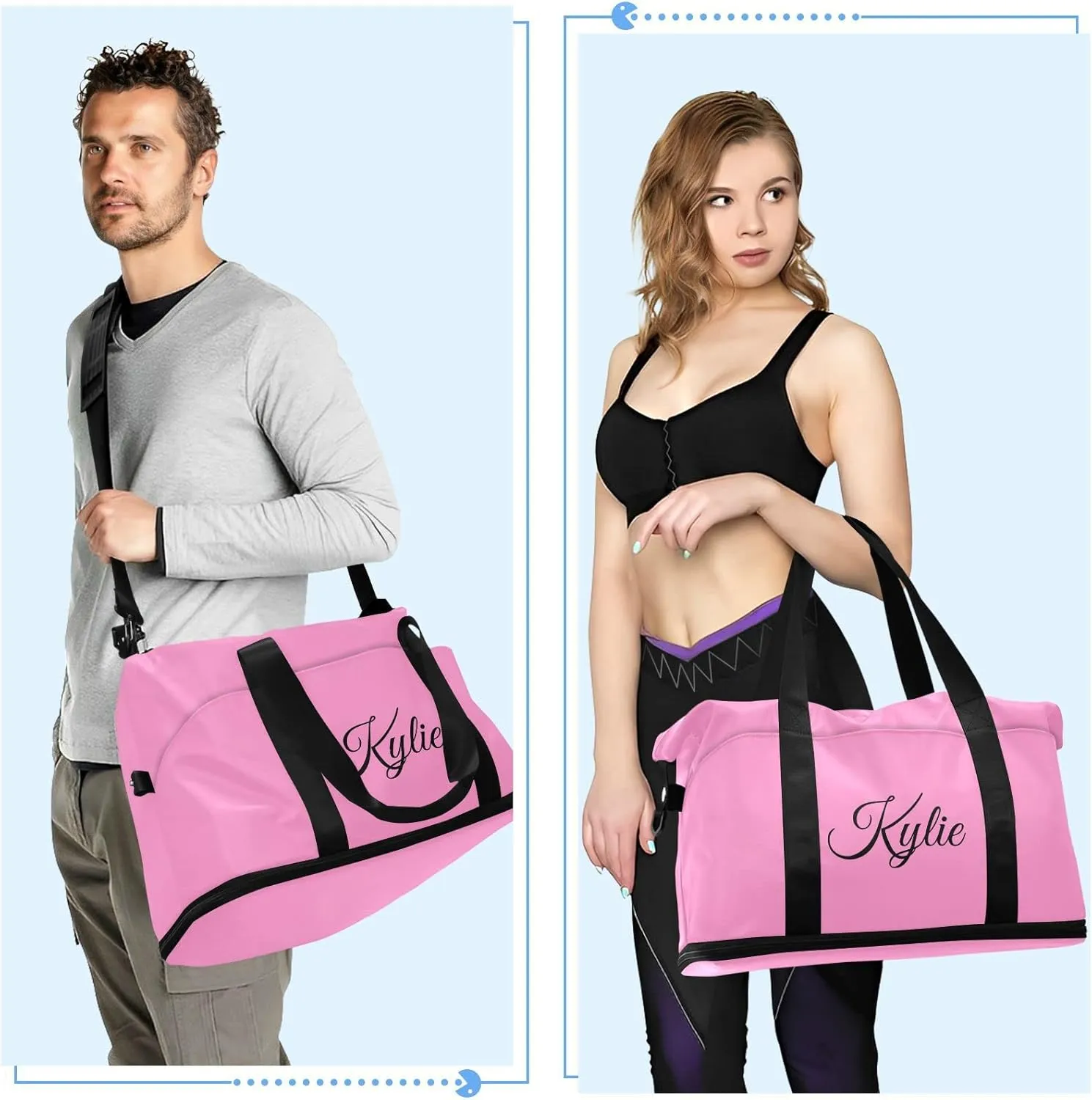 Pink Solid Color Custom Gym Bag for Women Men Personalized Duffel Bag with Shoe Compartment Weekender Bags Carry On Bag Overnight Bag for Travel Gym Women School Business Men Sport
