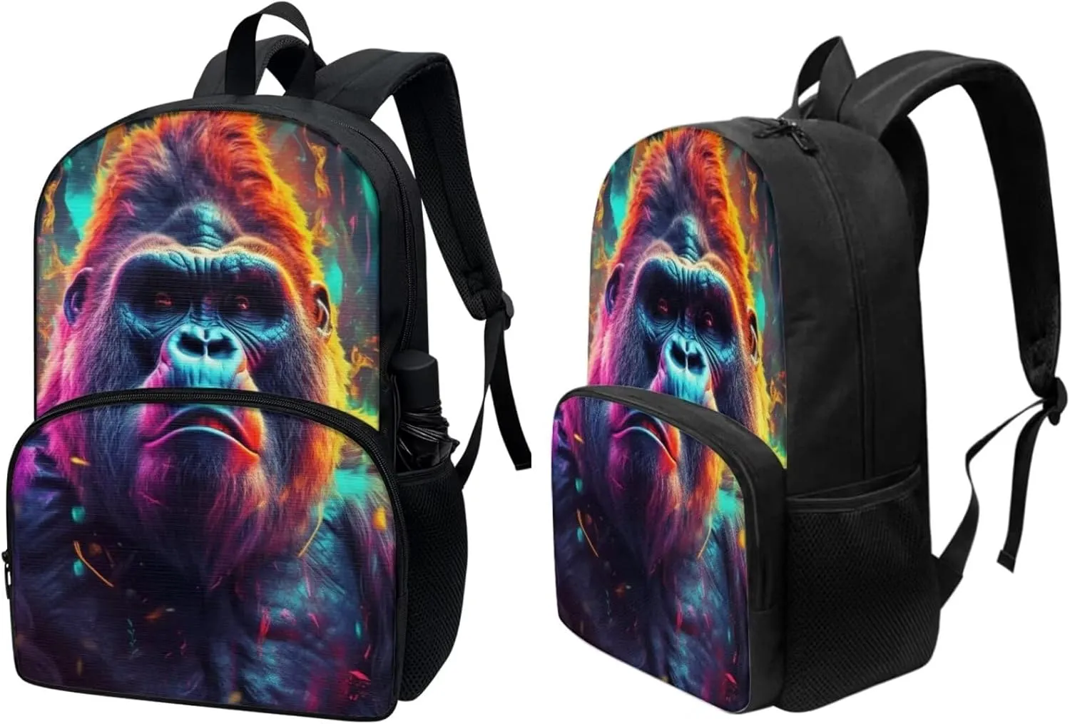 PinUp Angel Cool Gorilla Print Colorful Animal Bookbag Cute Animal Pattern Schoolbag with Lunch Bag Pencil Bag, Business Laptop Roomy Backpack Bookbag for Hiking Traveling Camping