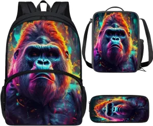 PinUp Angel Cool Gorilla Print Colorful Animal Bookbag Cute Animal Pattern Schoolbag with Lunch Bag Pencil Bag, Business Laptop Roomy Backpack Bookbag for Hiking Traveling Camping